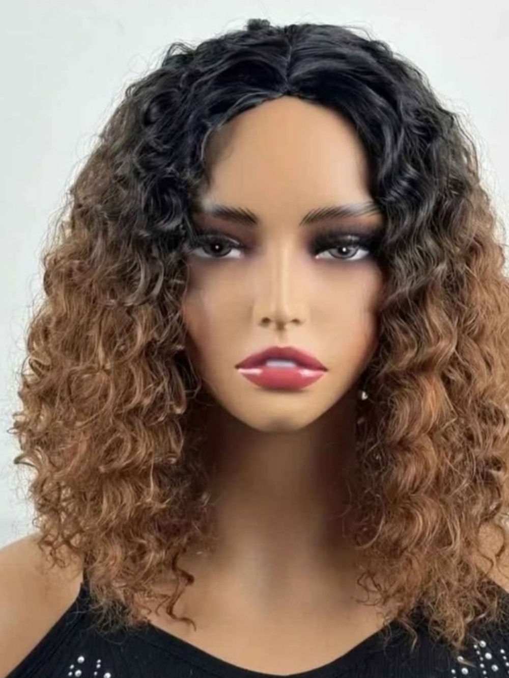 New- Black to Brown Ombre Curly Lace Front Synthetic Hair Wig With Rose Net Cap